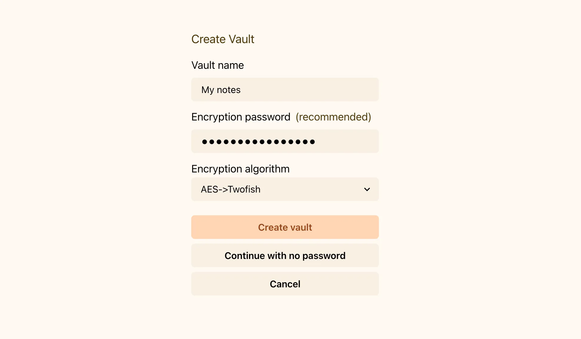 "The Deepink screen with a Vault creation"